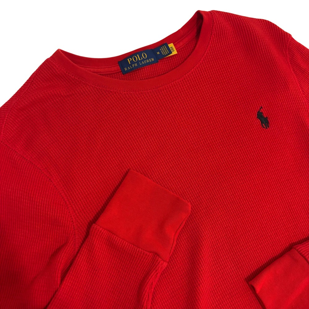 Polo Ralph Lauren Thermal Waffle Knit Shirt Men M Red Long Sleeve Black Logo
